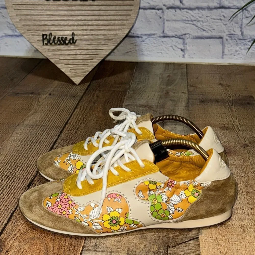Tory Burch Serif Floral Leather Sneakers Yellow 8.5 rare